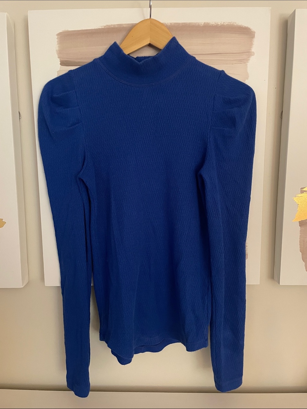 Free People Cobalt Mock Neck Puff Sleeve Top